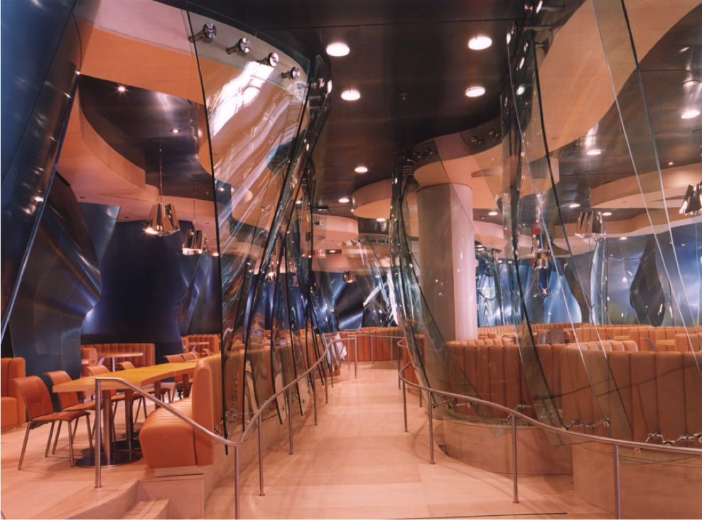 Curved glass walls inside the Conde Nast Cafeteria in Times Square